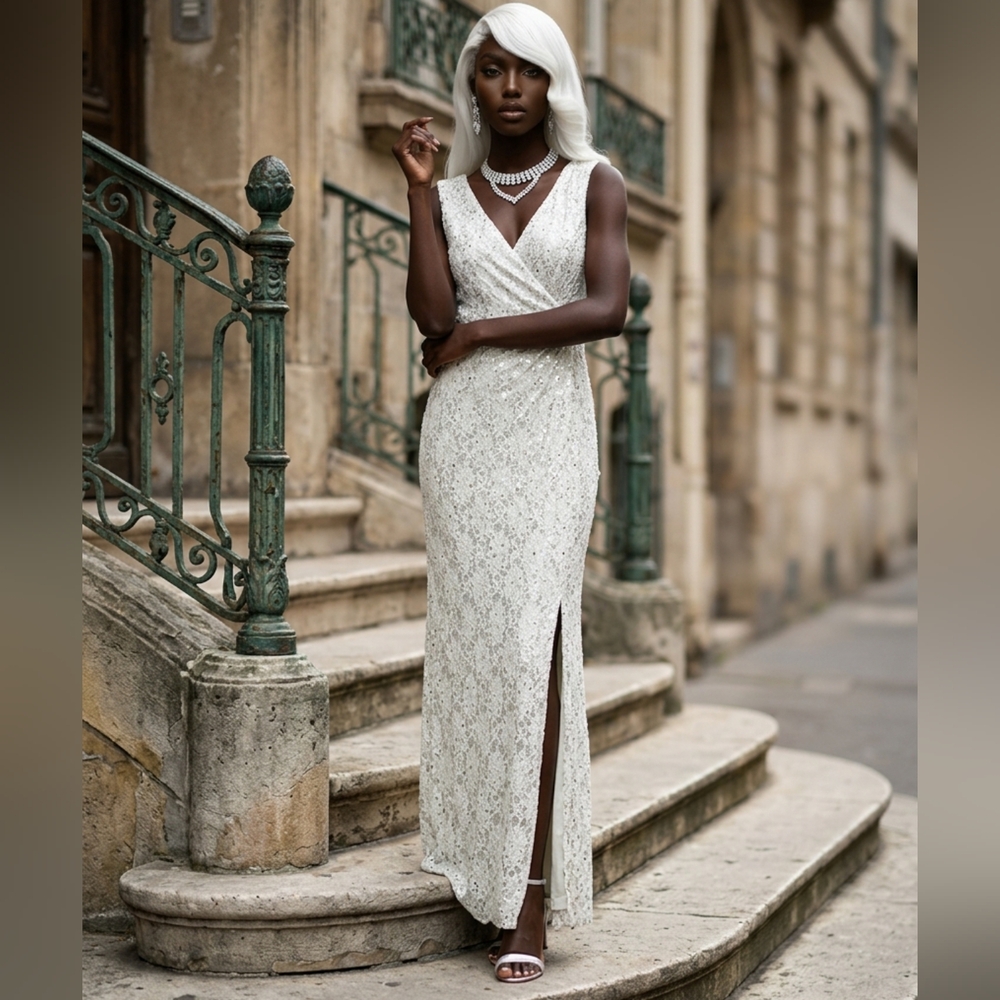 Connected Apparel Elegant White Lace Maxi Dress